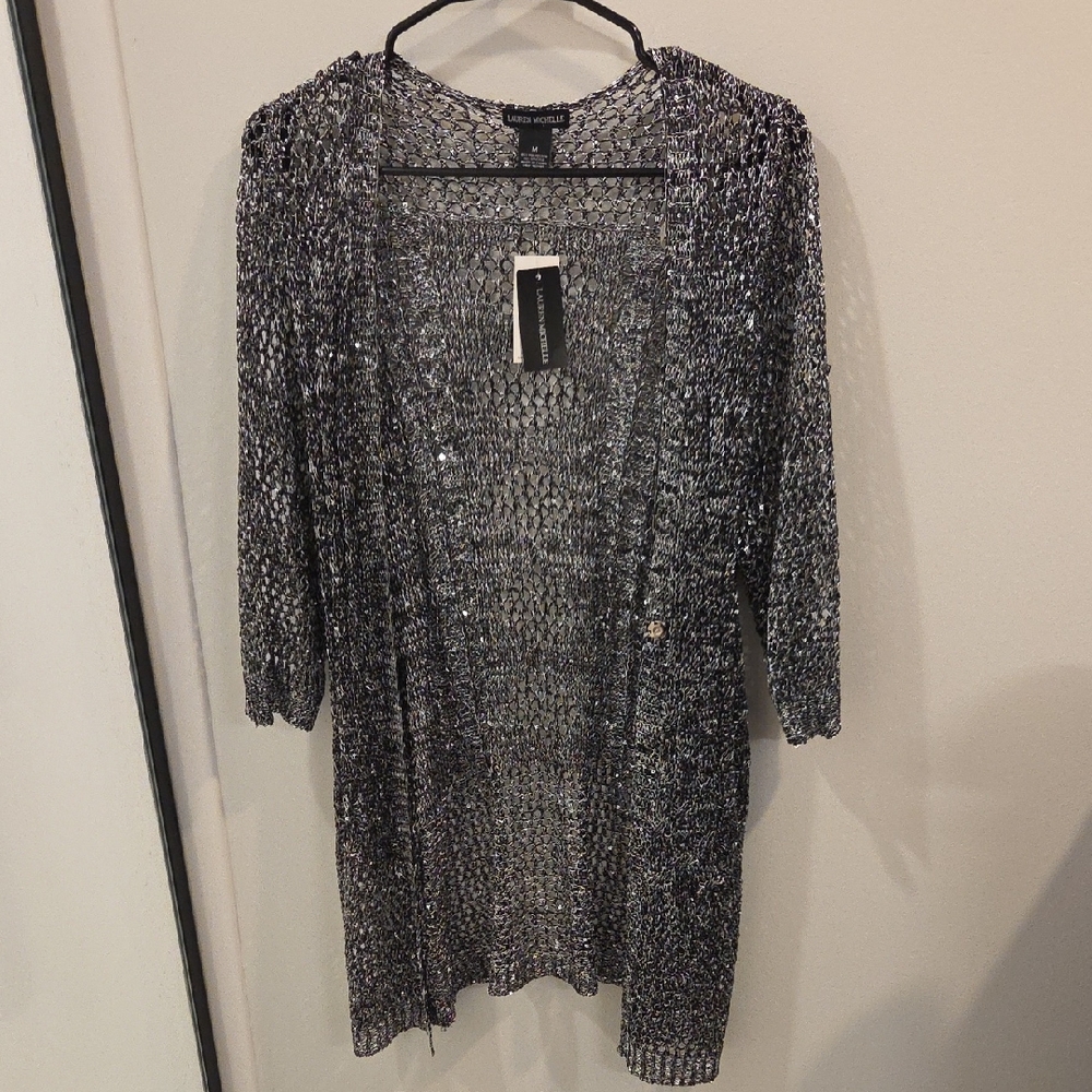 Lauren Michelle Single Snap Cardigan Black And Silver Size Medium Long Womens